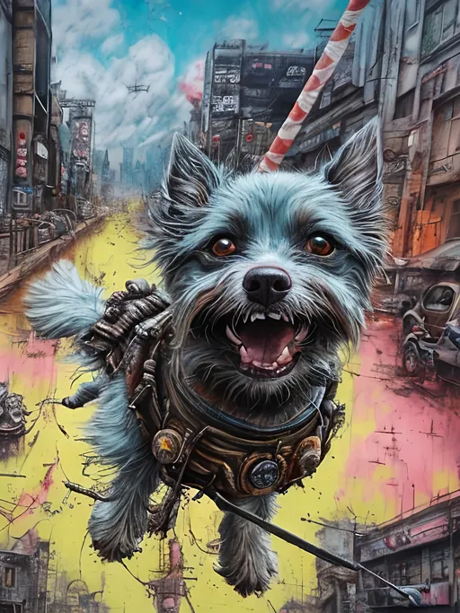 Prompt: Detailed happy dog flying, post-apocalyptic Japan festival, sketch, chalk pastel, detailed planes, grunge, highres, abstract, natural lighting, lively atmosphere, fun, vibrant, happy-go-lucky, detailed dogs, detailed eyes, detailed fur, festive, flying, post-apocalyptic, Japan, sketch art, chalk pastel, detailed background, grunge style, abstract art, high quality, natural lighting