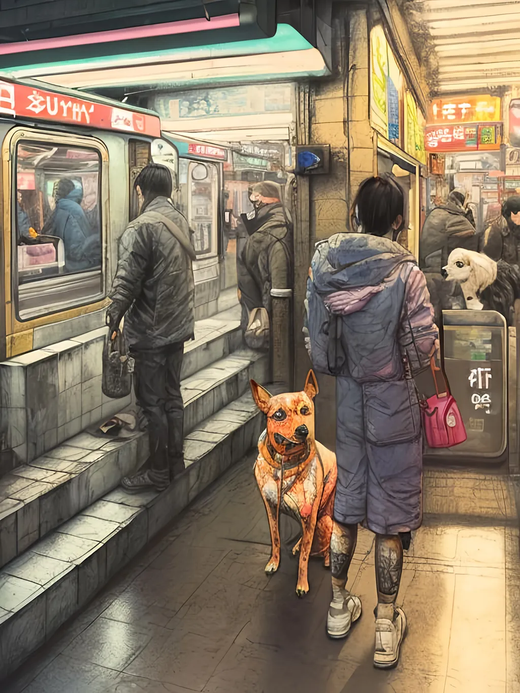 Prompt: pop art chalk pastel art of detailed dog at a subway in cyberpunk japan, sketch, detailed background, highres, fun atmosphere, natural lighting,  abstract, fun