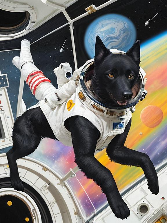 Prompt: abstract style art of black dogs in space in astronaut outfits