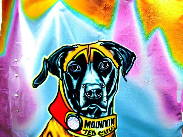 Prompt: mountain cur black dogs in gangster rappers clothing graffiting