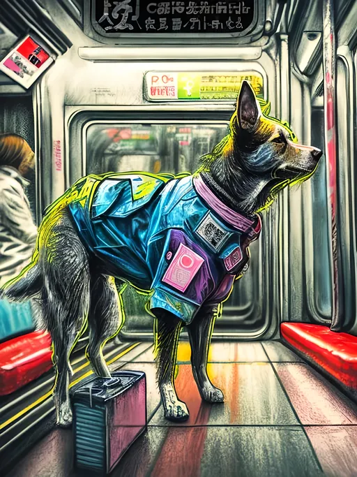 Prompt: pop art chalk pastel art of detailed dog on a train in cyberpunk japan during a festival, sketch, detailed background, highres, fun atmosphere, natural lighting,  abstract, fun