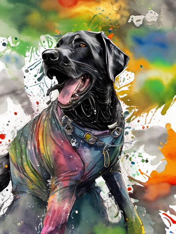 Prompt: a black dog wearing clothes having fun in the streets, water color, sketch, detailed background, highres, fun atmosphere, natural lighting