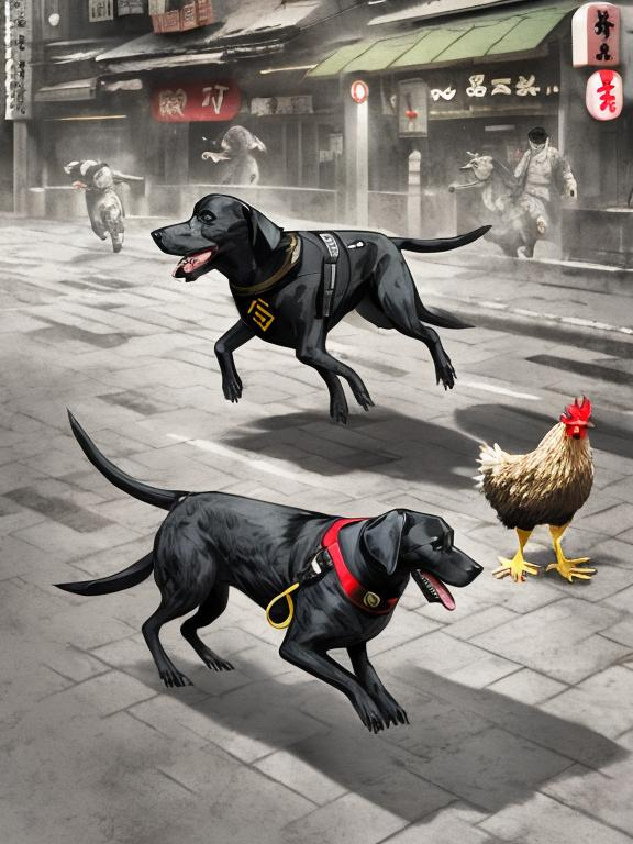 Prompt: a black dog wearing a nazi uniform chasing a chicken in the streets in japan, sketch, detailed background, highres, fun atmosphere, natural lighting, pastel colors, abstract, fun