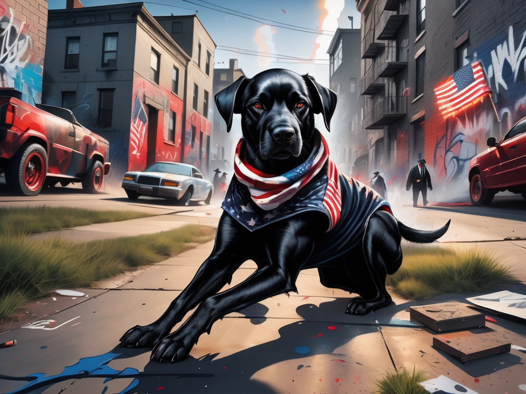 Prompt: Abstract art of a black dogs in gangster clothes, graffiti, streets, patriotic, detailed, atmospheric lighting, battle in the background, highres, abstract, gangster, detailed clothing, patriotic theme, streets, atmospheric lighting, dogs