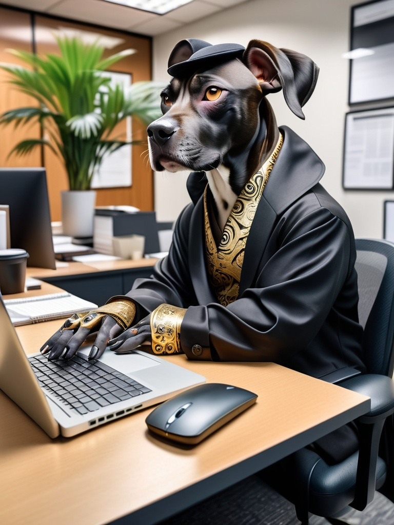 Prompt: all black mountain cur dog dressed as yakuza working on a laptop in an office