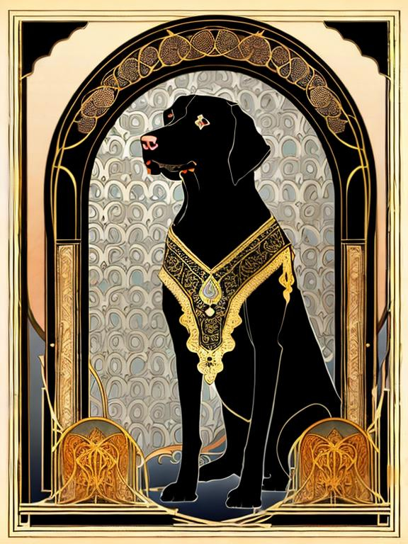 Prompt: black dog in persian clothing Art Nouveau style