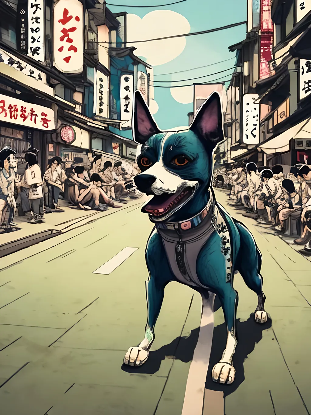 Prompt: chalk pastel style of a detailed dog rapping in the streets in japan during a festival, sketch, detailed background, highres, fun atmosphere, natural lighting,  abstract, fun