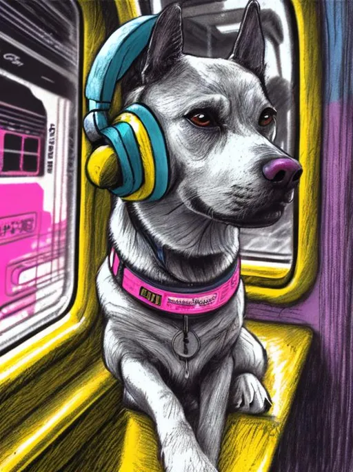 Prompt: pop art chalk pastel art of a detailed dog listening to music on the train in cyberpunk japan during a festival, sketch, detailed background, highres, fun atmosphere, natural lighting,  abstract, fun