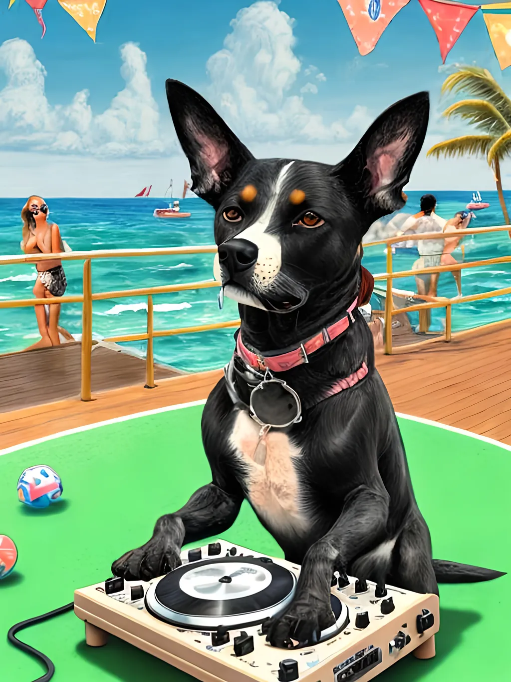 Prompt: chalk pastel style of a  detailed dog DJing on a cruise in Cancun, sketch, detailed background, highres, fun atmosphere, natural lighting,  abstract, fun