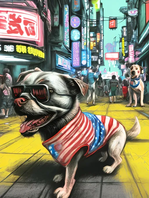 Prompt: pop art chalk pastel art of detailed dog wearing USA clothes playing in the streets in cyberpunk japan during a festival, sketch, detailed background, highres, fun atmosphere, natural lighting,  abstract, fun