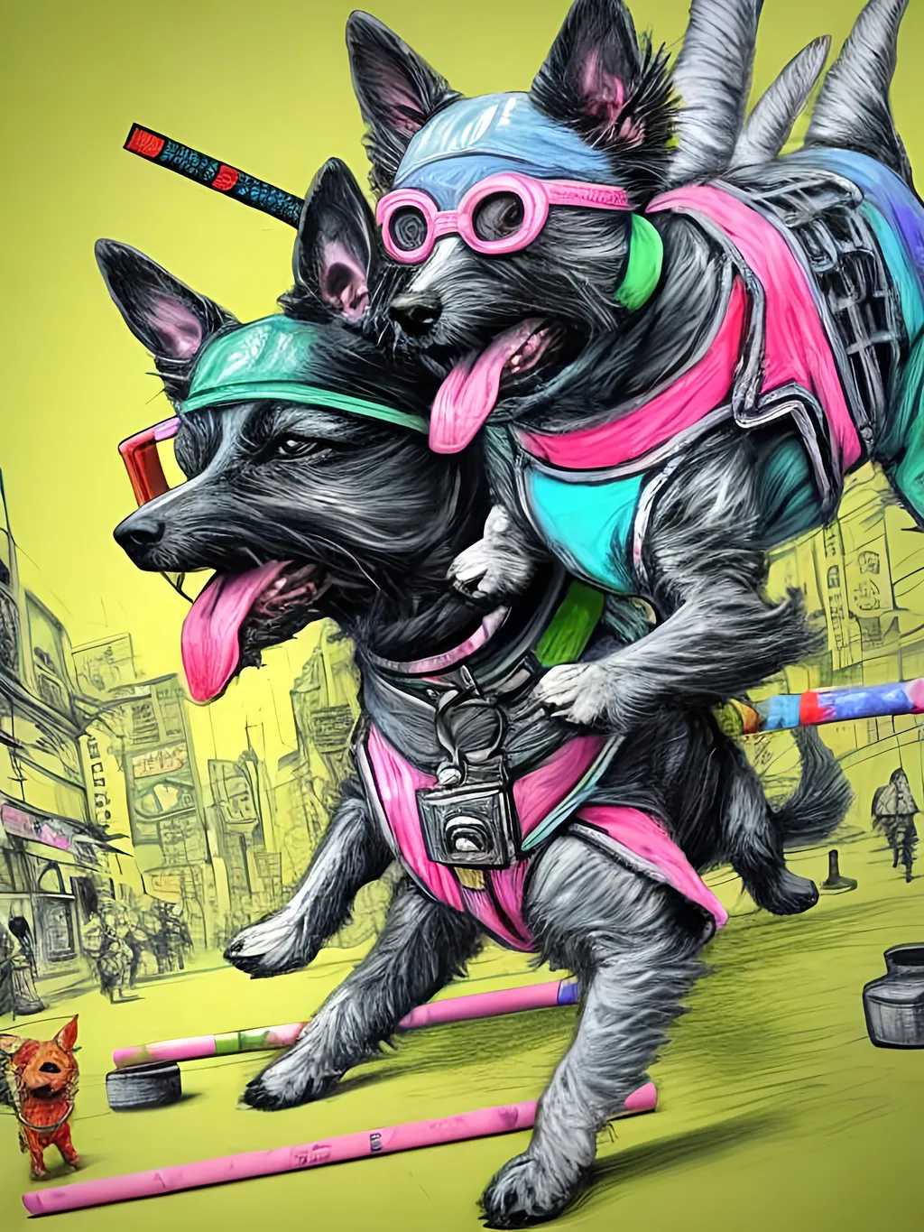 Prompt: pop art chalk pastel art of detailed dogs wearing ninja clothes playing in the streets in cyberpunk japan during a festival, sketch, detailed background, highres, fun atmosphere, natural lighting,  abstract, fun