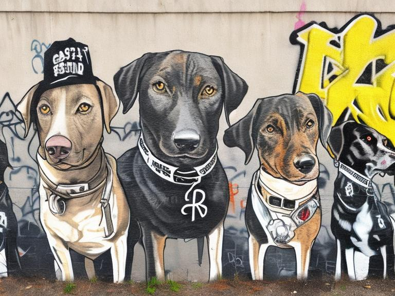 Prompt: mountain cur black dogs in gangster clothing graffiti