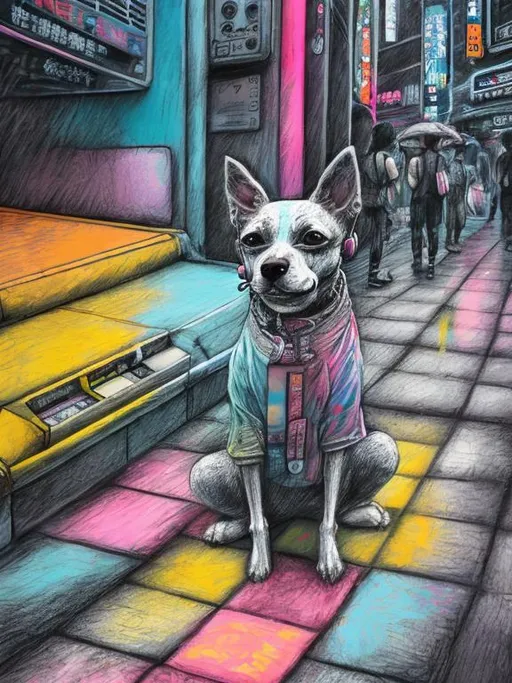 Prompt: pop art chalk pastel art of a detailed dog listening to music on the streets in cyberpunk japan during a festival, sketch, detailed background, highres, fun atmosphere, natural lighting,  abstract, fun