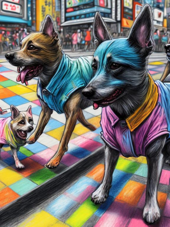 Prompt: pop art chalk pastel art of detailed dogs wearing clothes playing in the streets in japan during a festival, sketch, detailed background, highres, fun atmosphere, natural lighting,  abstract, fun