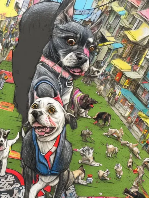 Prompt: pop art chalk pastel art of detailed dogs wearing clothes playing in the streets in japan during a festival, sketch, detailed background, highres, fun atmosphere, natural lighting,  abstract, fun