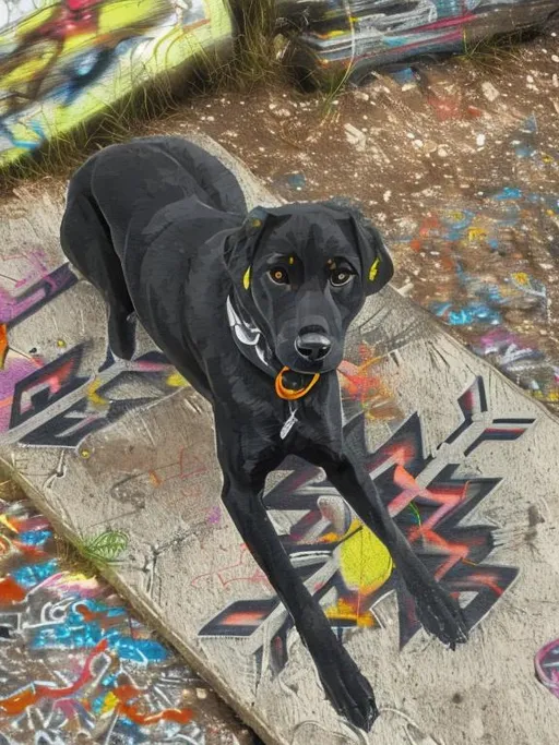 Prompt: graffiti art of a black mountain cur dog