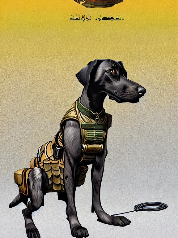 Prompt: black mountain cur dog in military gear in egypt 90s poster