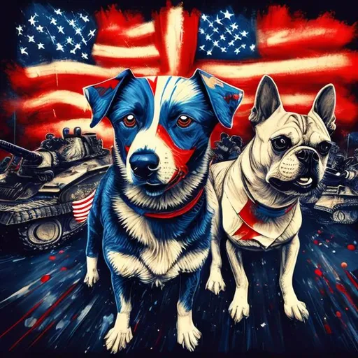 Prompt: Abstract art of dogs wearing patriotic clothes in the street with a battle in the back ground, abstract, dogs, patriotic, trump, detailed clothes, high resolution, sureall, dream like,mesmerizing, fun atmosphere, atmospheric lighting, fun mood