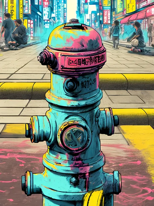 Prompt: pop art chalk pastel art of detailed dog peeing on a fire hydrant in cyberpunk japan during a festival, sketch, detailed background, highres, fun atmosphere, natural lighting,  abstract, fun