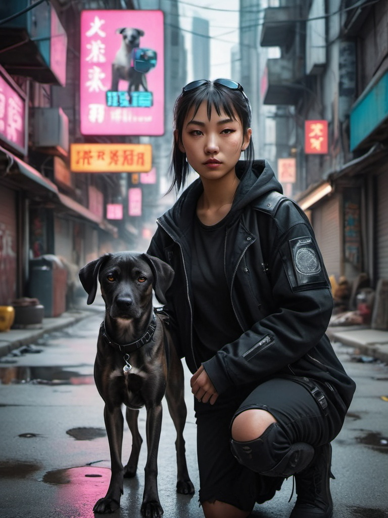 Prompt: mountain cur black dog with half asian girl in cyberpunk city