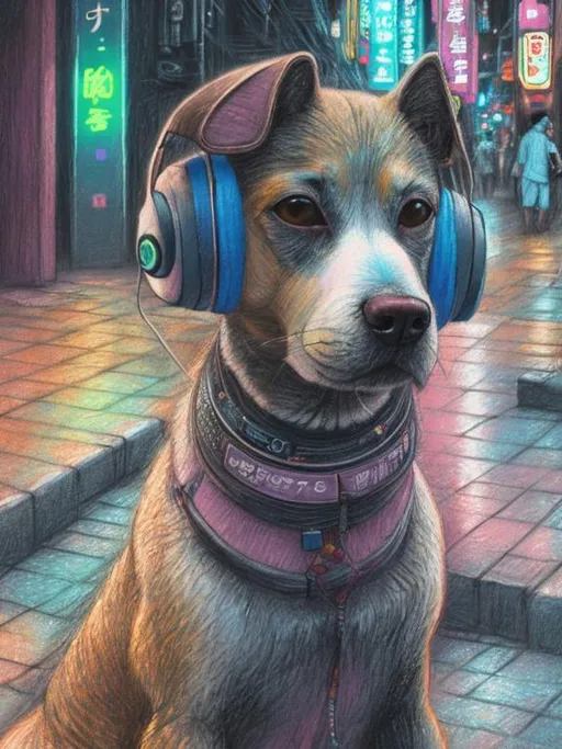 Prompt: chalk pastel art of a detailed dog listening to music on the streets in cyberpunk japan during a festival, sketch, detailed background, highres, fun atmosphere, natural lighting,  abstract, fun