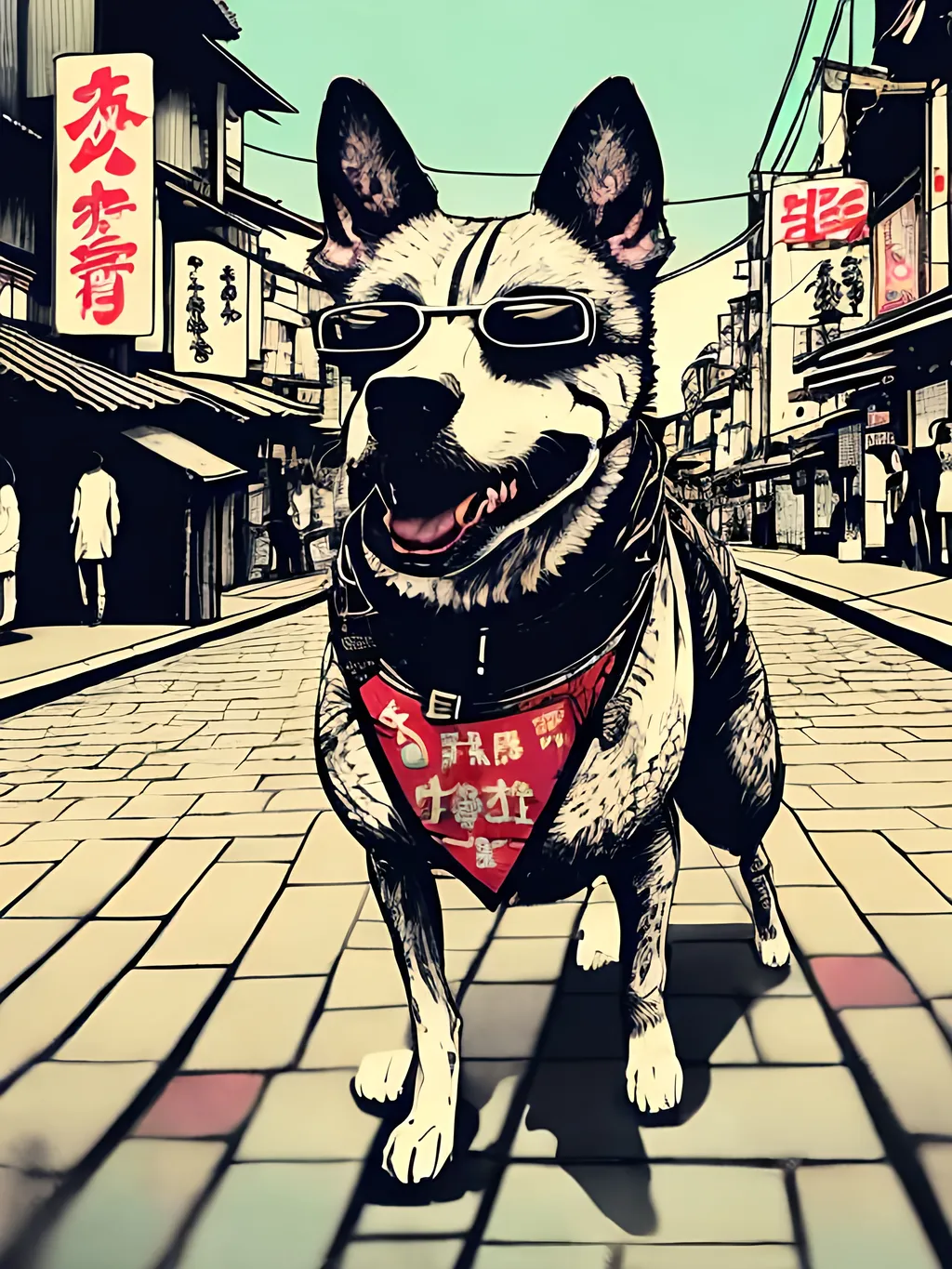 Prompt: pop art chalk pastel style of a detailed gangster dog in the streets in japan during a festival, sketch, detailed background, highres, fun atmosphere, natural lighting,  abstract, fun