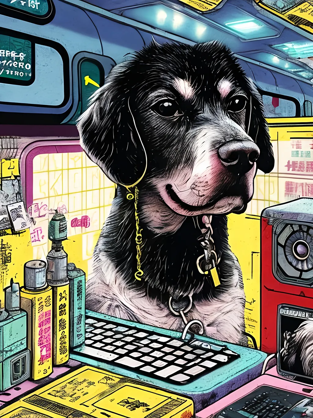 Prompt: pop art chalk pastel art of a detailed dog hacking a computer on the subway train in cyberpunk japan with planes in the background, sketch, detailed background, highres, fun atmosphere, natural lighting,  abstract, fun