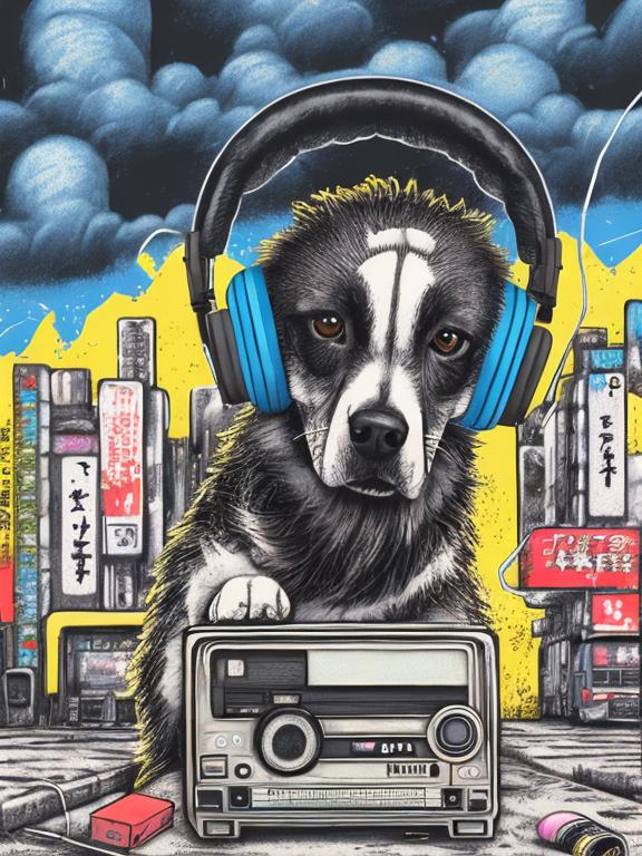 Prompt: pop art chalk pastel art of a detailed dog listening to music on a tape player on the streets in post-apocalyptic Japan during a festival with planes in the background, sketch, detailed background, highres, fun atmosphere, natural lighting,  abstract, fun