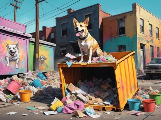 Prompt: Detailed happy dog dumpster diving during a festival, sketch, pop art chalk pastel, detailed post-apocalyptic city background, grunge, highres, abstract, natural lighting, lively atmosphere, fun, detailed dogs, colorful, chaotic, vibrant, happy-go-lucky