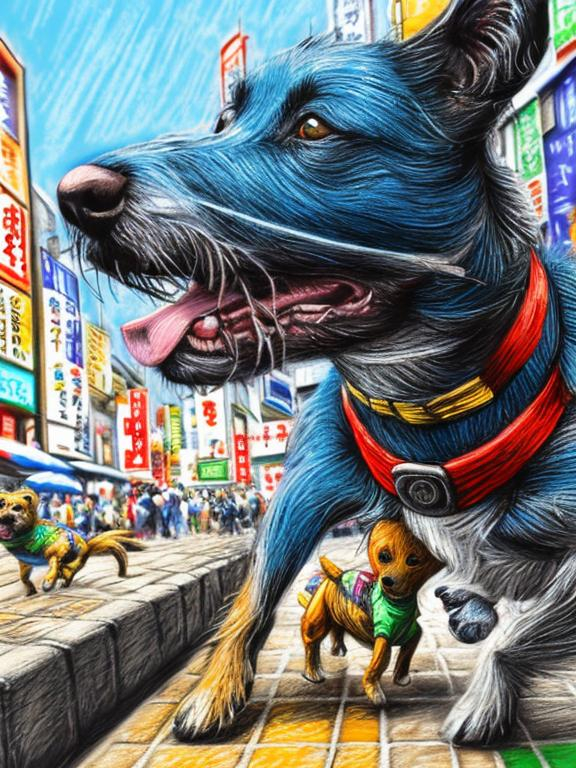 Prompt: pop art chalk pastel art of detailed dogs wearing clothes playing in the streets in japan during a festival, sketch, detailed background, highres, fun atmosphere, natural lighting,  abstract, fun