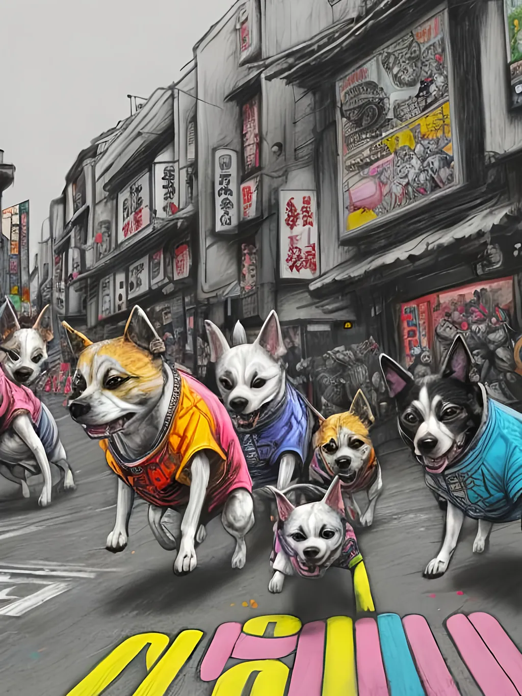 Prompt: pop art chalk pastel art of detailed dogs wearing gangster clothes playing in the streets in japan during a festival, sketch, detailed background, highres, fun atmosphere, natural lighting,  abstract, fun