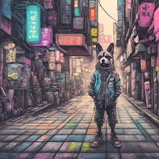 Prompt: pop art chalk pastel, a detailed grunge dog in the streets in cyberpunk japan, detailed background, natural lighting, highres, fun