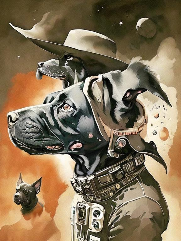 Prompt: Surrealism black dogs in cowboy outfits in space, abstract art style, cowboy hat, eerie atmosphere, floating celestial bodies, mysterious nebulae, dreamlike, surreal, high contrast, otherworldly, abstract, space, astronaut, eerie atmosphere, celestial bodies, dreamlike, surreal, high contrast, mysterious, nebulae, dogs