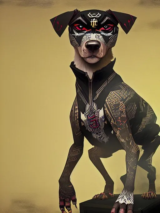 Prompt: all black mountain cur dog dressed as yakuza DJing