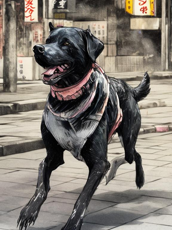 Prompt: a black dog wearing clothes chasing a chicken in the streets in japan, sketch, detailed background, highres, fun atmosphere, natural lighting, pastel colors, abstract, fun