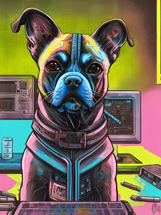 Prompt: pop art chalk pastel art of detailed dog hacking computers in cyberpunk japan, sketch, detailed background, highres, fun atmosphere, natural lighting,  abstract, fun