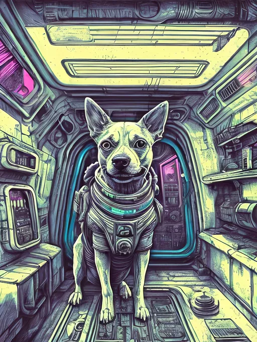 Prompt: pop art chalk pastel style of a  detailed dog in a cyberpunk spaceship, sketch, detailed background, highres, fun atmosphere, natural lighting,  abstract, fun