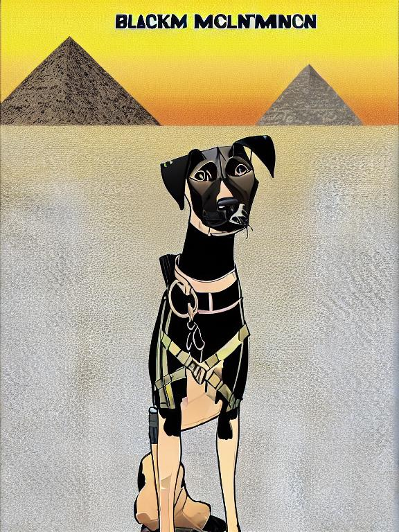 Prompt: black mountain cur dog in military gear in egypt 90s poster