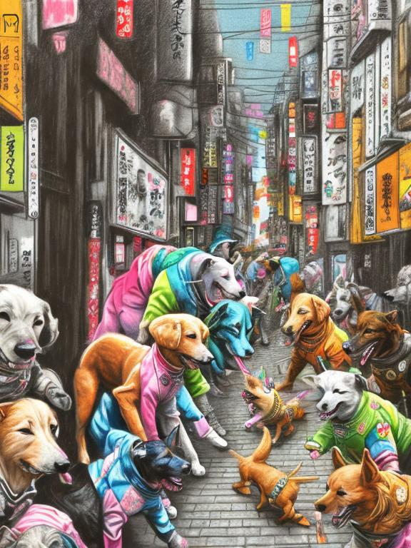 Prompt: pop art chalk pastel art of detailed dogs wearing clothes playing in the streets in japan during a festival, sketch, detailed background, highres, fun atmosphere, natural lighting,  abstract, fun