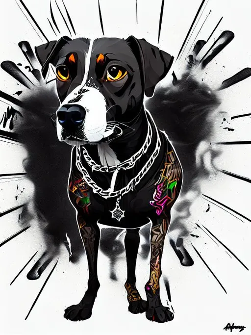 Prompt: mountain cur black dog in gangster clothing graffiti