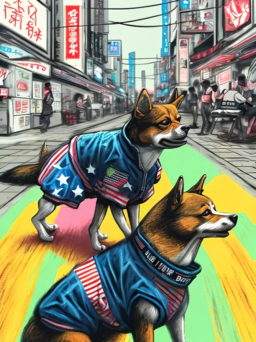 Prompt: pop art chalk pastel art of detailed dog wearing USA clothes playing in the streets in cyberpunk japan during a festival, sketch, detailed background, highres, fun atmosphere, natural lighting,  abstract, fun