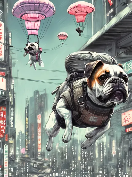 Prompt: chalk pastel style of a  detailed dog parachuting in cyberpunk japan, sketch, detailed background, highres, fun atmosphere, natural lighting,  abstract, fun