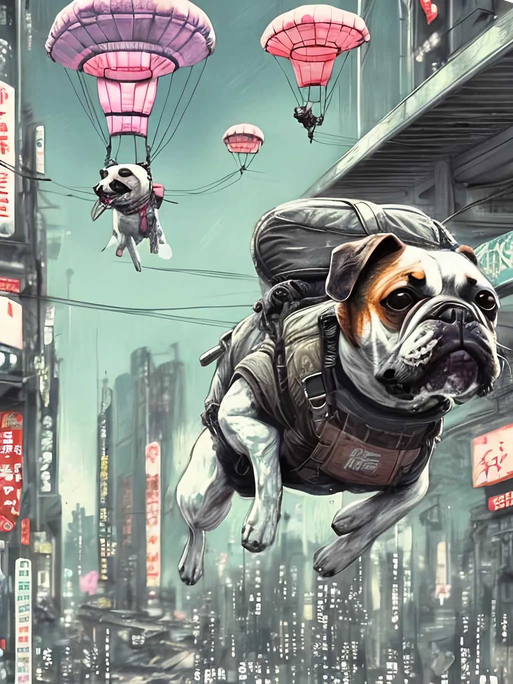 Prompt: chalk pastel style of a  detailed dog parachuting in cyberpunk japan, sketch, detailed background, highres, fun atmosphere, natural lighting,  abstract, fun