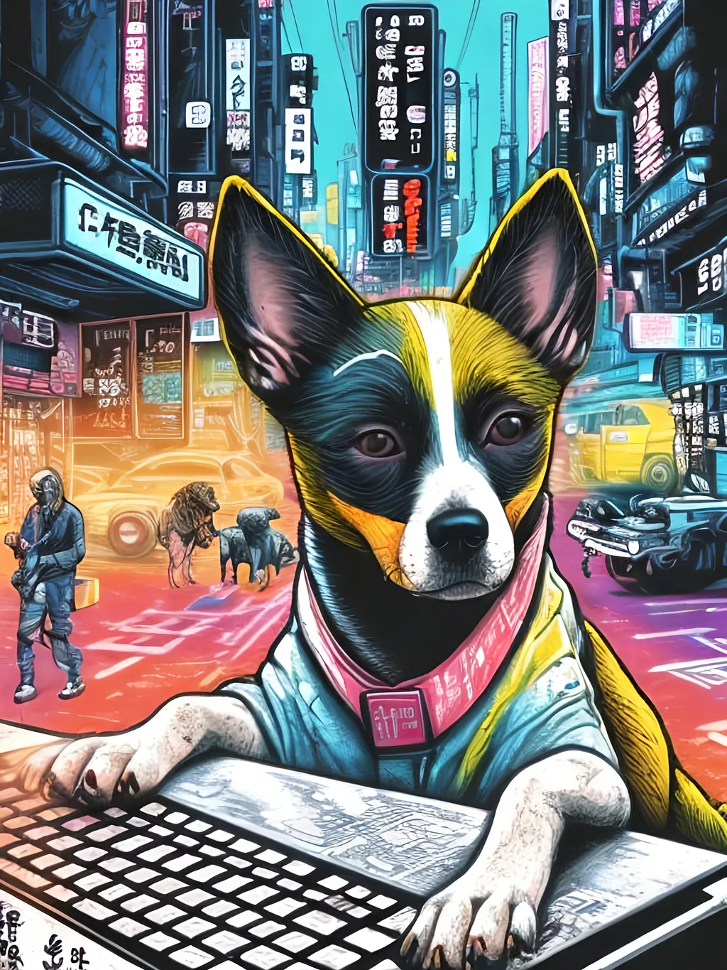 Prompt: pop art chalk pastel art of a detailed dog hacking a computer on the streets in cyberpunk japan with planes in the background, sketch, detailed background, highres, fun atmosphere, natural lighting,  abstract, fun