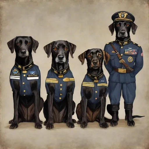 Prompt: mountain cur black dogs in pilots uniform art