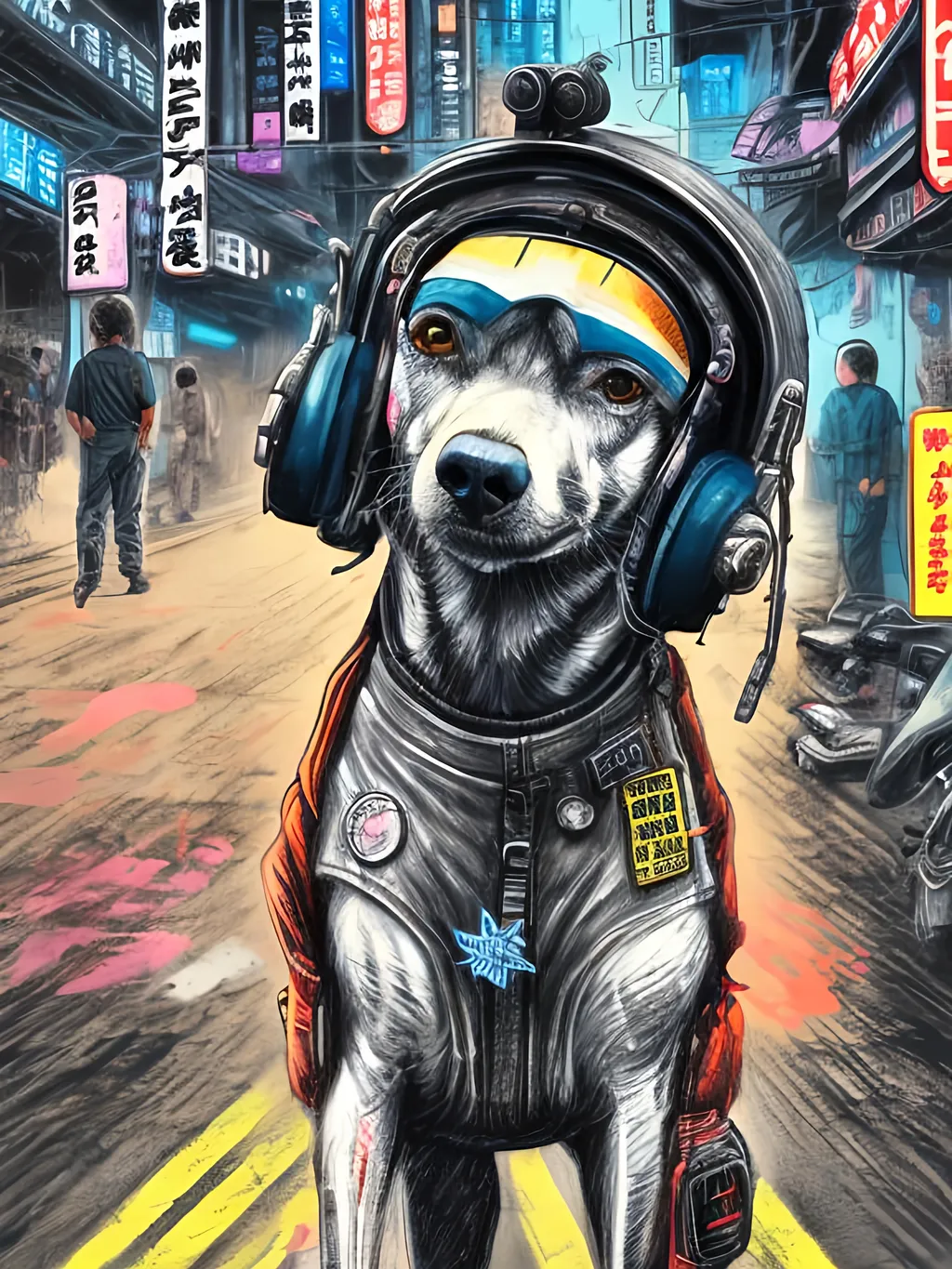 Prompt: pop art chalk pastel art of a detailed dog wearing a pilot uniform playing in the streets in cyberpunk japan during a festival, sketch, detailed background, highres, fun atmosphere, natural lighting,  abstract, fun