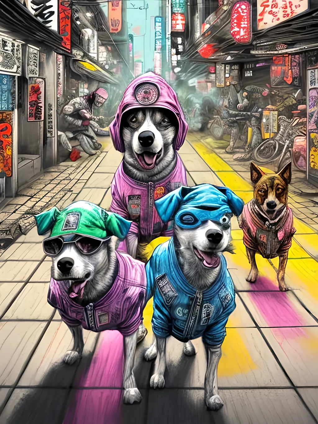 Prompt: pop art chalk pastel art of detailed dogs wearing gangster clothes playing in the streets in cyberpunk japan during a festival, sketch, detailed background, highres, fun atmosphere, natural lighting,  abstract, fun