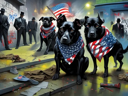 Prompt: surreal, Abstract art of a black dogs in gangster clothes, graffiti, streets, patriotic, detailed, atmospheric lighting, battle in the background, highres, abstract, gangster, detailed clothing, patriotic theme, streets, atmospheric lighting, dogs