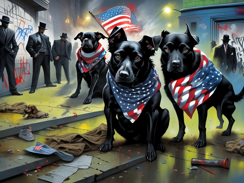 Prompt: surreal, Abstract art of a black dogs in gangster clothes, graffiti, streets, patriotic, detailed, atmospheric lighting, battle in the background, highres, abstract, gangster, detailed clothing, patriotic theme, streets, atmospheric lighting, dogs