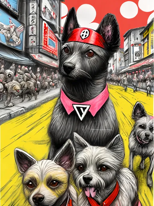 Prompt: pop art chalk pastel art of detailed dogs wearing nazi uniforms playing in the streets in japan during a festival, sketch, detailed background, highres, fun atmosphere, natural lighting,  abstract, fun